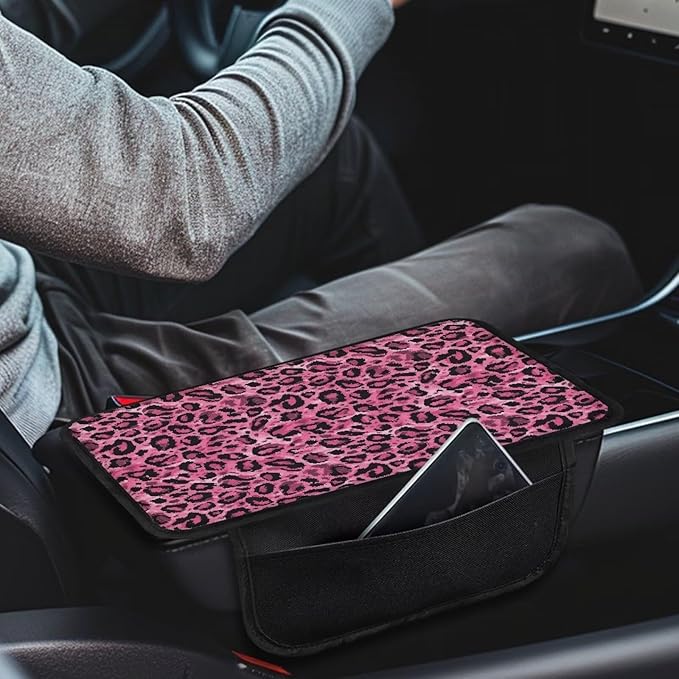 Dreaweet Purple Leopard Print Car Center Console Cover Cheetah Car Accessories Center Console Cover for Women,Universal Arm Rest Cover for Car Console Covers with Pockets for Truck Sedan SUV