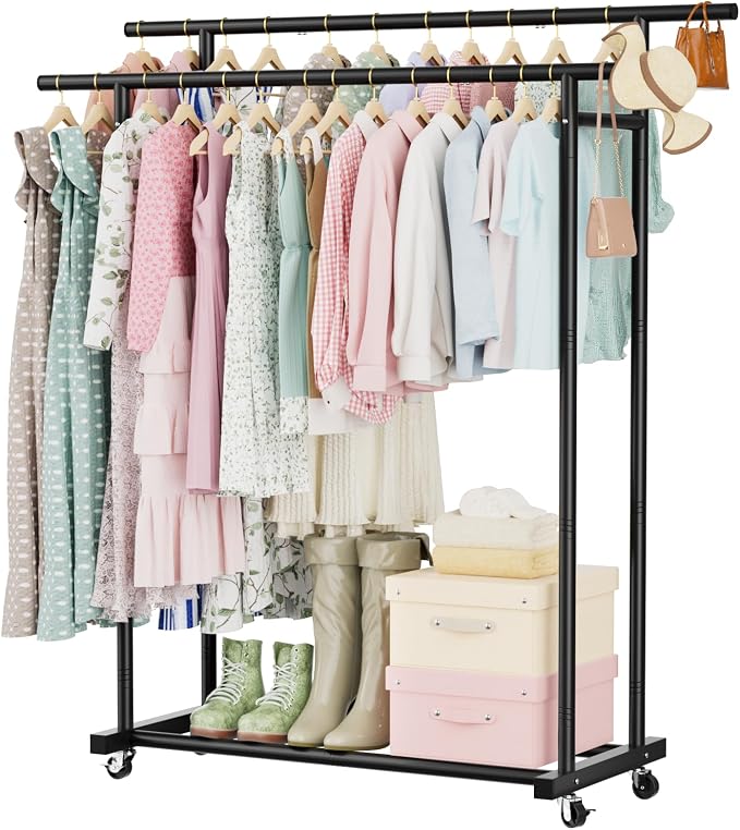 Abiglifty Double Rods Clothes Rack for Hanging Clothes, Clothing Rack with Wheels, Portable Closet Organizer for Laundry, Room (Black
