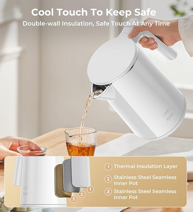 Electric Kettle, 1.0L Fast Boiling with 7 Temperature Settings, Auto Shut-Off & Boil-Dry Protection, Stainless Steel Interior, 4 Hour Keep Warm, Cool Touch Double Wall, Perfect for Coffee & Tea, White