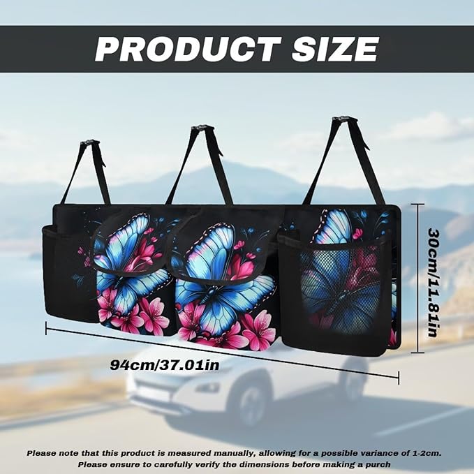 Blue Butterfly Trunk Hanging Storage Bag for Women Pink Flowers Collapsible Cargo Bag Multipurpose Cargo Accessory