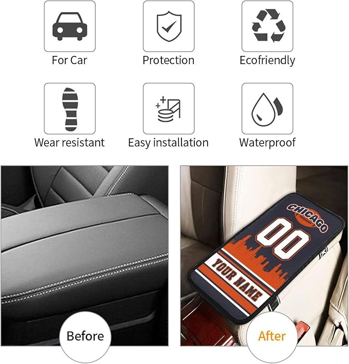 Custom Chicago Car Armrest Covers Personalized Football Style with Name Number Customized Auto Center Console Pad Car Handrail Box Cushion for Most Vehicle Decor Accessories, Fans Gift