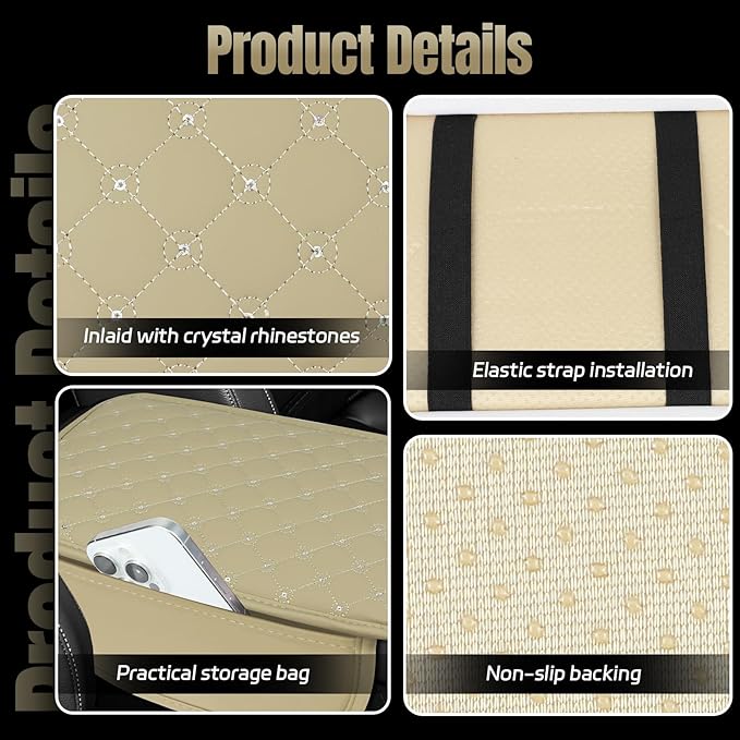 wuyaoyao Bling Car Center Console Cover, 11.81"×7.87" Leather Auto Arm Rest Cover Protector with 2 Storage Bags, Vehicle Crystal Rhinestone Armrest Cushion Pad, Interior Car Accessories (Beige)