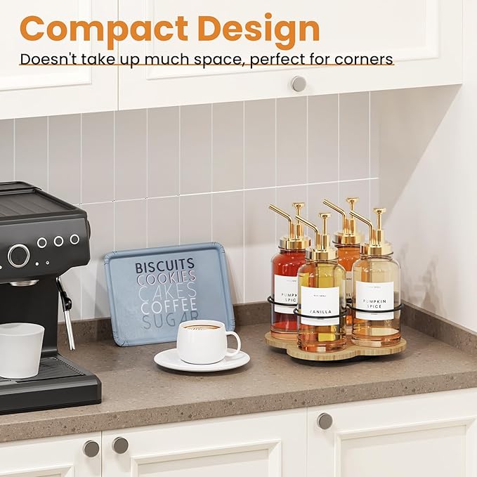 THYGIFTREE Rotating Coffee Syrup Organizer 4 Bottles Syrup Rack for Countertop Wood Bottle Holder Stand for Coffee Bar Station, Wood