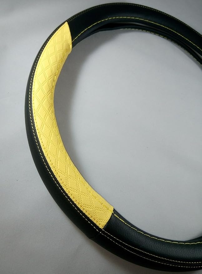 Jdragon Black & Yellow PU Leather Great Comfort Slip-On Steering Wheel Cover 14.25-15" Diameter