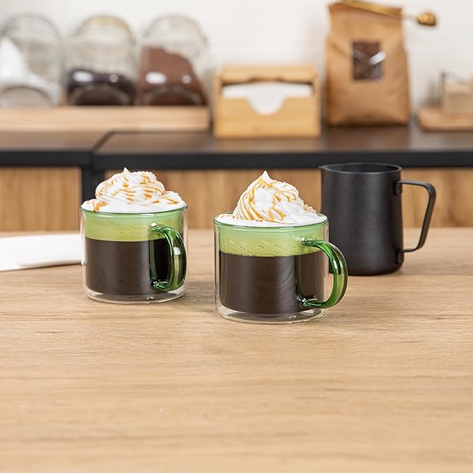 Restaurantware Coffee Cups 12 Pack of 11 oz Double Wall Glass Insulated Coffee Cup Borosilicate Mug Thermal Shock Resistant Handle Modern Design