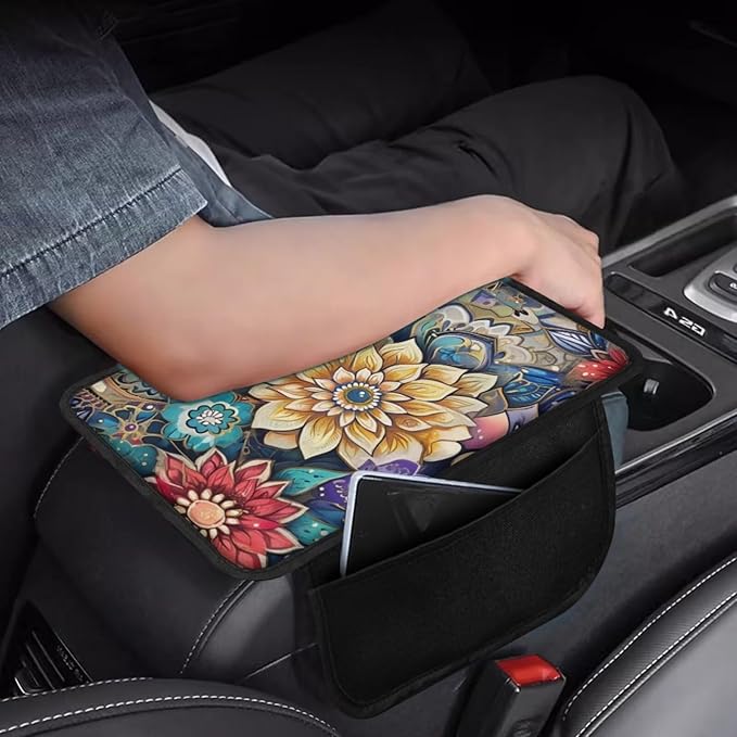 BIGCARJOB Car Center Console Cover Blossom Lotus Print Armrest Cover for Car Center Console with Side Storage Portable Middle Console Cover Auto Center Console Organizer Bag