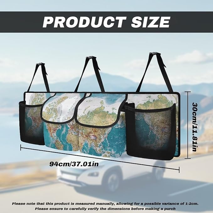 World Map Car Trunk Organizer Backseat Hanging Organizer with Pockets, Super Capacity Storage Solution Decoration for SUVs, Trucks, Vans, and Cars