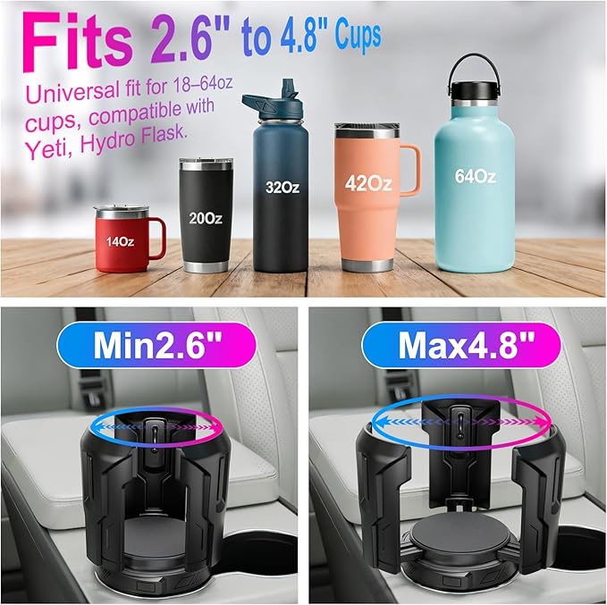 Cup Holder Expander (Adjustable Holder & Base, Auto-Fit Hold, One Button Open), Car Cup Holder Expander for Yeti, Hydro Flask, Nalgene, Owala, Bottles in 2.6"- 4.8" (2 Pack, Light Black)
