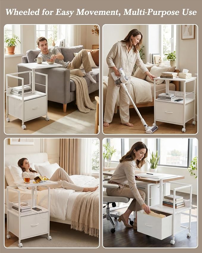 Faesun Swivel Lift Top Nightstand with Charging Station, Rolling Side Table for Recliner, Bedside Table with Wheels & a Fabric Drawer, for Small Spaces, for Bedroom, Living Room, White