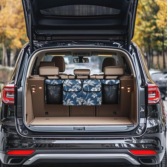 Car Trunk Organizer, Backseat Hanging Organizer with Pockets, Super Capacity -Trunk Storage Bag Decoration for SUV,Truck,Van,Blue White Palm Tree Floral Tropical
