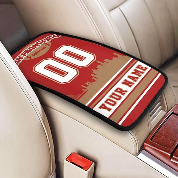 Custom San Francisco Car Armrest Covers Personalized Football Style with Name Number Customized Auto Center Console Pad Car Handrail Box Cushion for Most Vehicle Decor Accessories, Fans Gift