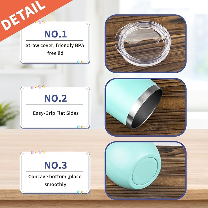 StarSpeed 12oz/12 Pack Wine Tumbler with lid, Stainless Steel Travel Mugs Stemless Double Wall Insulated Coffee Cup, Insulated Wine Glasses Travel Tumbler for Cold & Hot Drinks(Light Green)