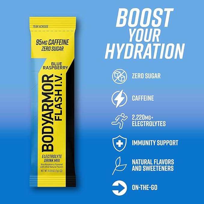 BODYARMOR Caffeinated Flash I.V. Electrolyte Packets Blue Raspberry - Zero Sugar Energy Drink Mix, Serve Packs, Hydration for Pre Workout, Travel Essentials, Active Lifestyle, 6 Count (Pack of 2)