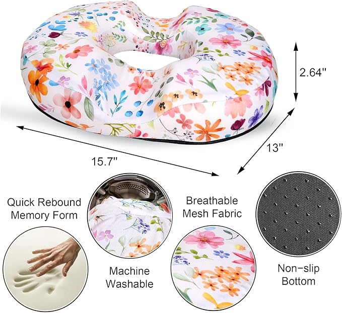 Floral Donut Pillow for Hemorrhoids Seat Cushion for Tailbone Pain Relief - Flower Home Office Chair Cushion for Long Sitting Work - Memory Foam Car Seat Cushions for Driving Butt Pain Pressure Relief