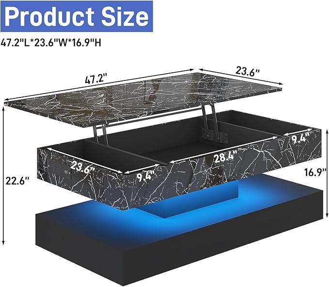 47.2" Large Lift Top Coffee Table, Modern LED High Glossy Coffee Table with Charging Station, Lights, Hidden Compartment Storage, Lift Center Tables for Living Room, Home Office, Black