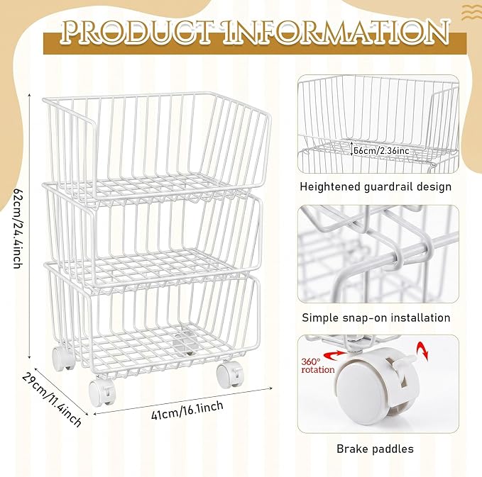 Maxdot 2 Pack 3 Tier Rolling Pantry Floor Organizer and Storage Cart with Wheels Stackable Pantry Metal Wire Baskets Kitchen Fruit Snacks Basket Stand for Kitchen Office Living Room (White)