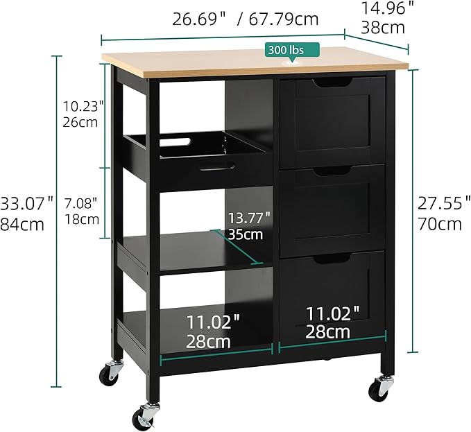 YITAHOME Kitchen Island with Storage, Kitchen Cart for Home, Rolling Serving Utility Trolley Cart on Wheel with 3 Drawers and 3 Storage Shelves, Kitchen Serving Cart for Dining Room, Bar, Black