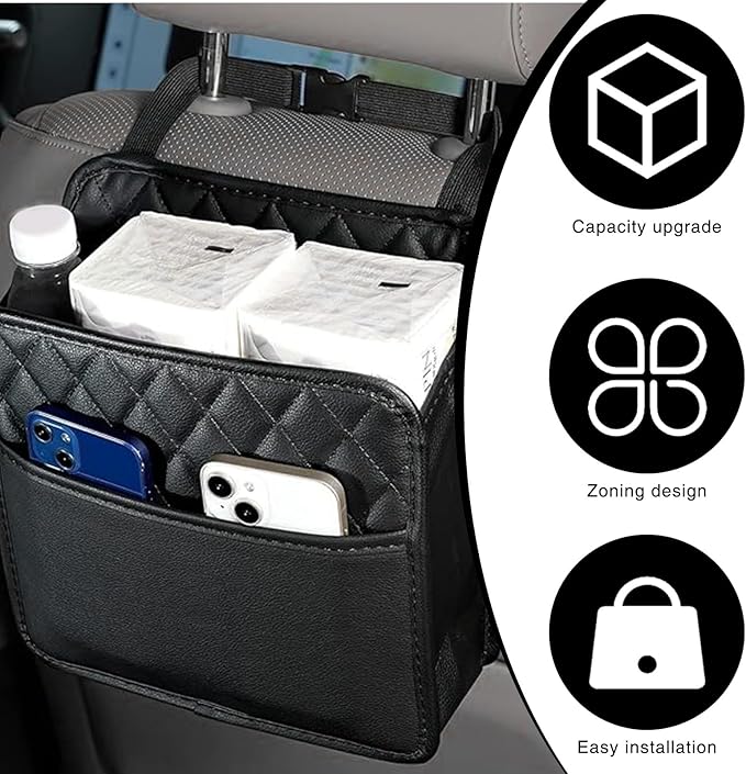 2 Pcs PU Leather Behind Seat Car Organizer, Multipurpose Hanging Bag Pocket for Most Cars (Black)