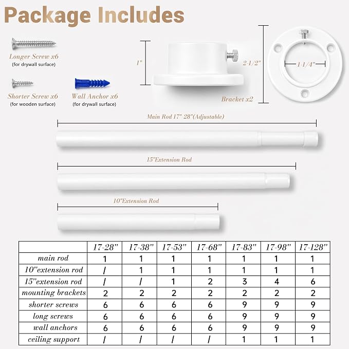 Closet Rod Adjustable 17 to 38 Inch, 1-1/4” Diameter, Closet Rods for Hanging Clothes, Stepless Metal Heavy Duty Hanging Rod for Closet Wardrobes Laundry RV (White)
