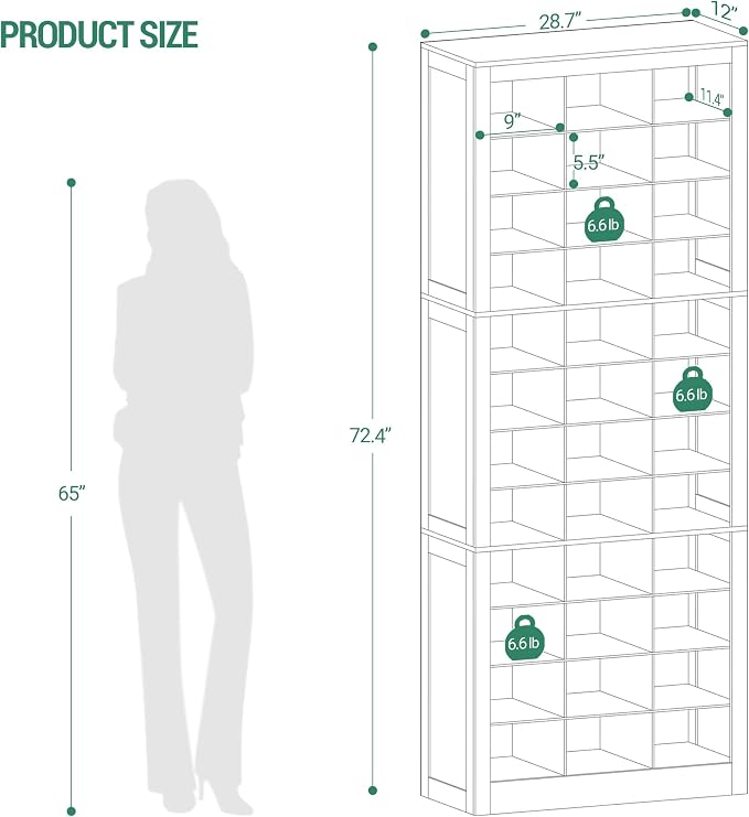 Hzuaneri Shoe Storage Cabinet, 36 Pairs Free Standing Closet Organizer, 8.8 inch Widened Cell Wood Shoe Organizer, 12 Tiers Vertical Space Saving Shoe Rack for Entryway, Cloakroom, Greige SR20705B