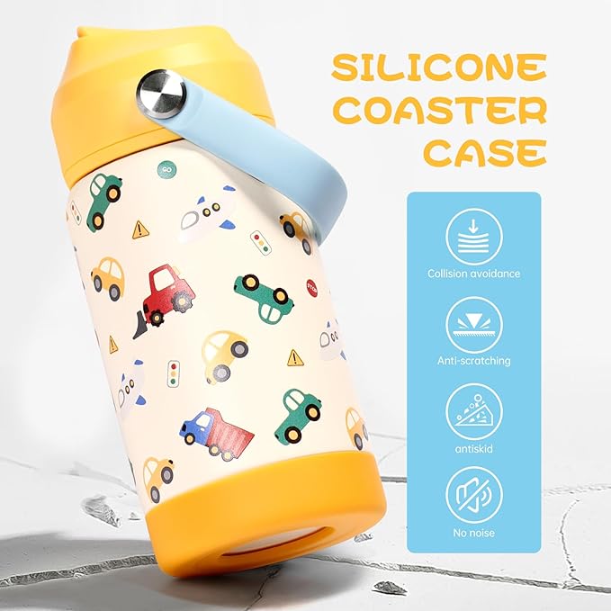Kids Insulated Water Bottle with Straw Lid, 12 oz BPA-FREE Double Wall Vacuum Tumbler 18/8 Stainless Steel Leak Proof Kids Cups with Straw for School Travel Boys Girls (Yellow-Cars)