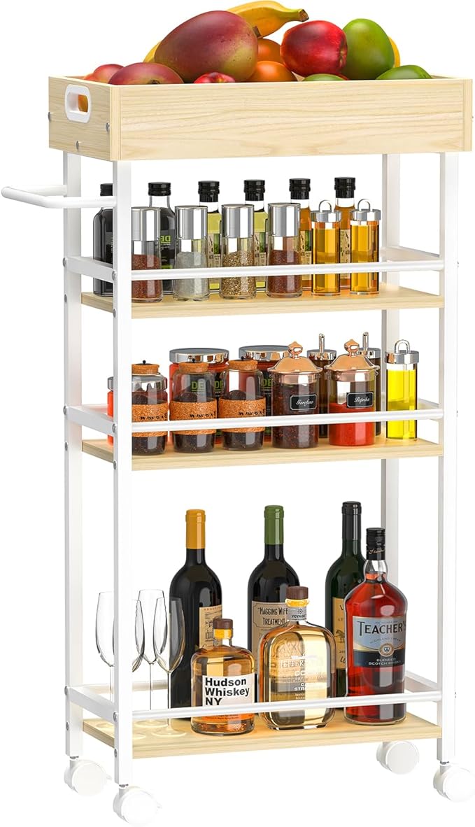 Slim Storage Cart, 4-Tier Small Rolling Cart with Wheels, 8.5" Deep, Narrow Bathroom Shelf Trolley for Kitchen, Bathroom, Laundry Room, White Medium 4-Tier (8.5" W x34.7 H)