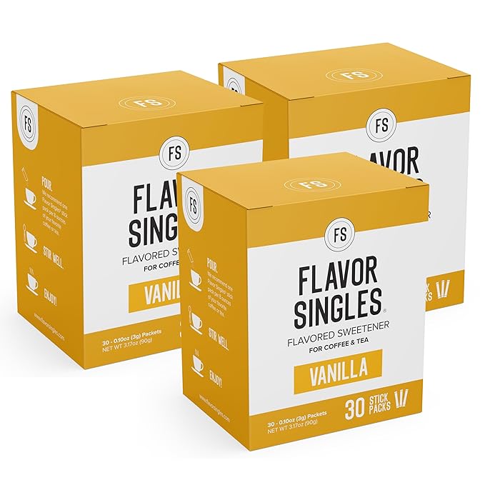 Flavor Singles Vanilla Powdered Sweetener Packets for Coffee & Tea, Travel Ready Single-Serve Syrup Alternative, 30 Count (Pack of 3)