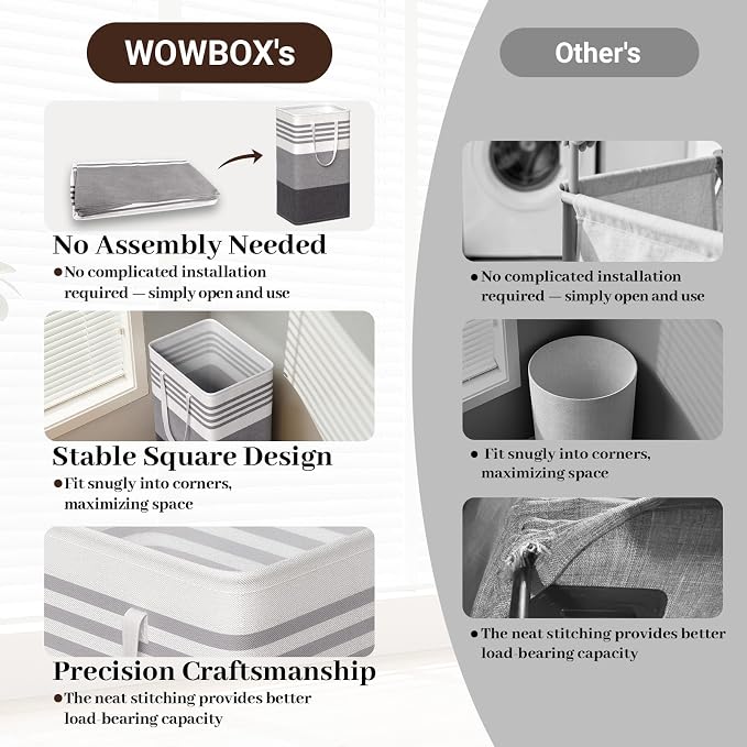 WOWBOX 2 Pack Laundry Baskets, Laundry Hampers, Freestanding Dirty Clothes Hampers with Reinforced Handles & Cross Stitch & Waterproof Coating, for Laundry Bedroom Bathroom Dorm,88L Grey