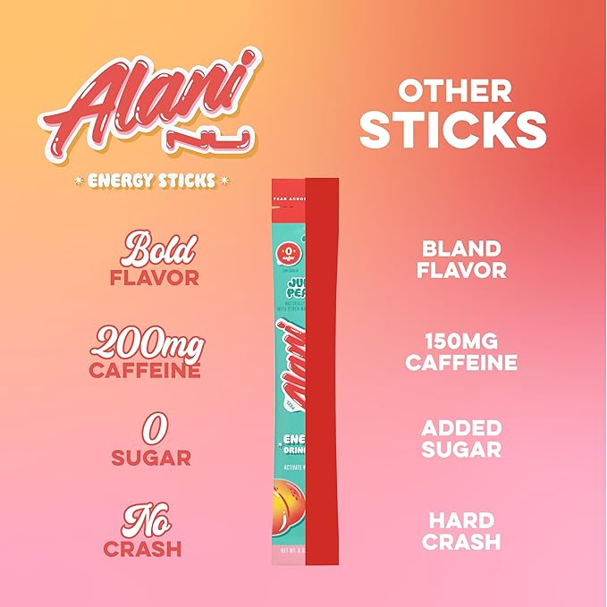 Alani Nu JUICY PEACH Energy Sticks | Energy Drink Powder | 200mg Caffeine | Pre Workout Performance with Antioxidants | On-The-Go Drink Mix | Biotin, B Vitamins | Zero Sugar | 10 Calories | 10 Pack