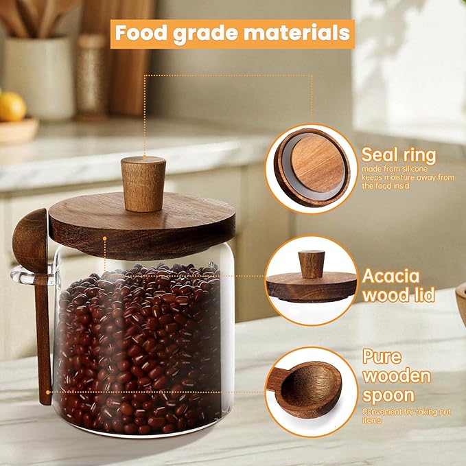 Glass Coffee Bean Storage Container, Wood Lid with Spoon, Airtight Silicone Seal, BPA-Free (500ML/16.91OZ)