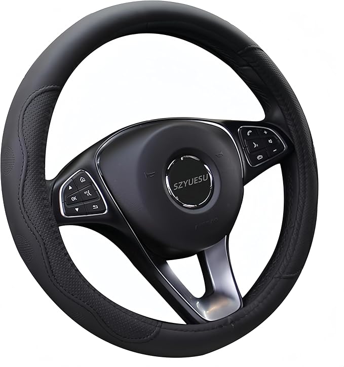 Leather Car Steering Wheel Cover with Anti-Slip Lining Universal 14.5-15 Inch (37-38 cm) Auto Microfiber Protector, Car Accessories for Most Cars, SUVs | Black