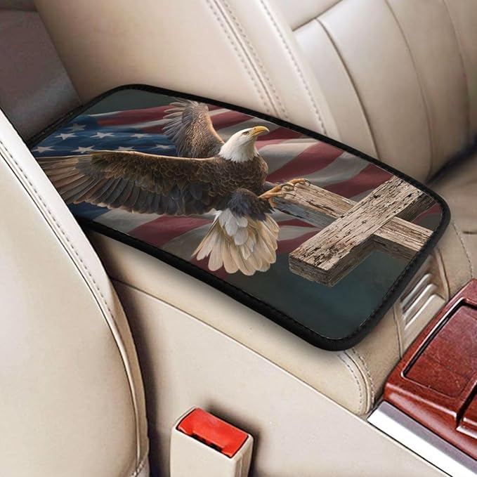 American Flag Jesus Cross Eagle Center Console Cover Pad, Car Armrest Seat Box Cover Cushion Universal for Most Vehicle SUV Truck, Car Interior Accessories Decor, Protect from Pet Claws & Dirt