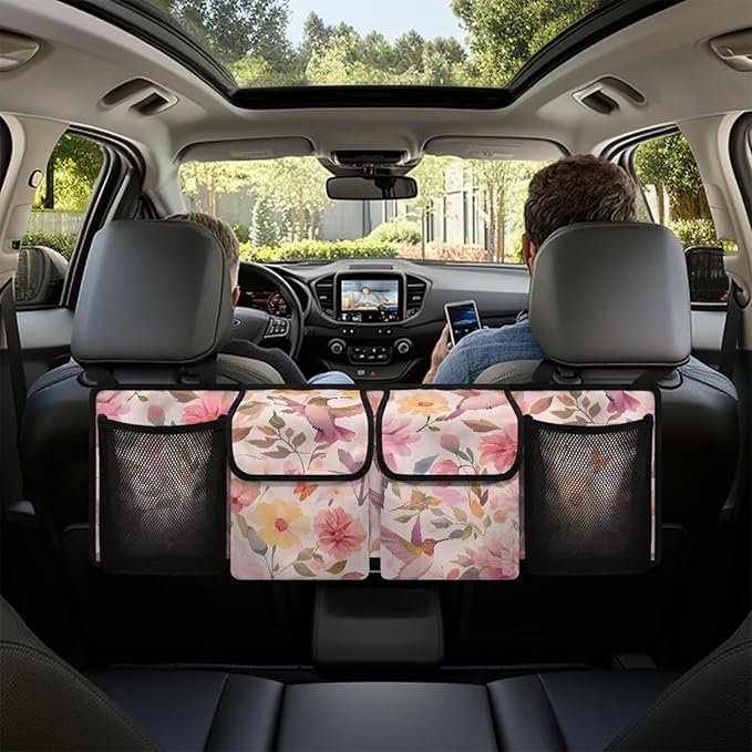 Car Trunk Organizer Backseat Hanging Organizer with 2 Large Storage Bag & 2 Mesh Pockets, Super Capacity Storage Solution for SUVs, Trucks, Vans, and Cars,Hummingbird Flower