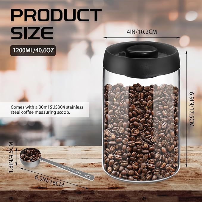 Vacuum Coffee Canister for Coffee Bean Storage, 1.2L/40.6oz Airtight Coffee Storage Container, Glass Manual Vacuum Seal Coffee Container with Scoop for Bean, Ground Coffee, Tea
