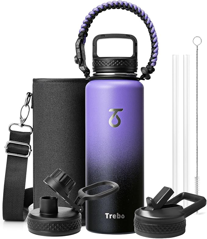 Trebo Water Bottle 40oz with Paracord Handle, Half Gallon Large Vacuum Double Wall Stainless Steel Insulated Water Jug with Holder Strap Straw Spout Lids, Leakproof Keep Cold & Hot,Dark Purple
