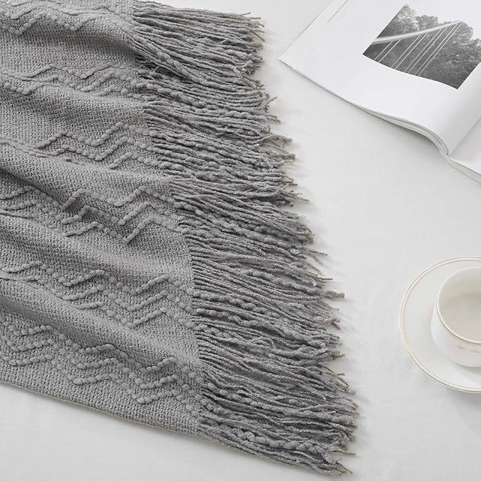 BOURINA Throw Blanket Textured Solid Soft Sofa Throw Couch Cover Knitted Decorative Blanket, 60 inch x 80 inch Dark Grey