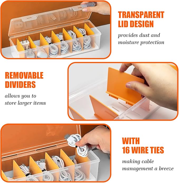 Charger Organizer, Cable Cord Organizer Box (2PCS) - Adjustable Dividers, 16 Cable Ties, Clear Charger Storage Box for Cable, Phone, Drawer Organization