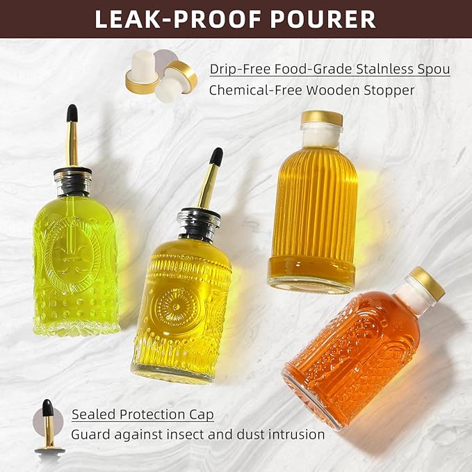 Coffee Syrup Dispenser Bottles, 6 Pack Glass Syrup Dispensers for Coffee Bar, 7.4 Fl Oz Small Maple Syrup Container Set with Golden Spoon, Vintage Oil Dispenser Bottle for Kitchen