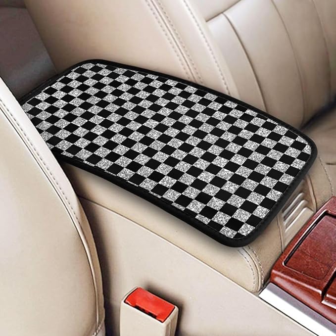Glitter Gray Black Checkered Chessboard Flag Car Armrest Pad Cute Cars Center Console Cover Auto Handrail Box Cushion Armrests Cover