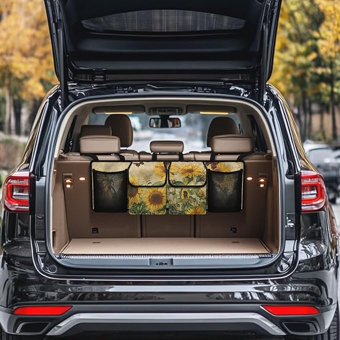 Yellow Sunflower Car Trunk Organizer, Backseat Hanging Large Storage with 4 Pockets & 3 Adjustable Straps Waterproof Cargo Bag Provides More Space for Groceries