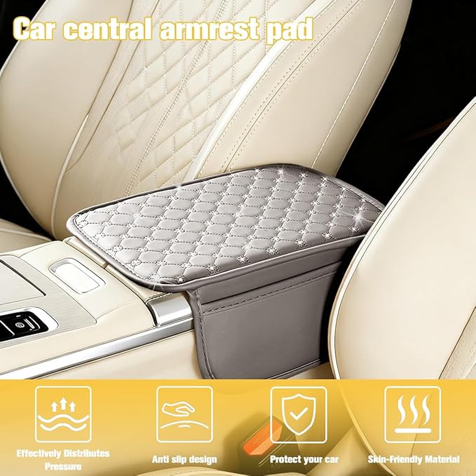 Car Center Console Cover, Leather Vehicle Armrest Storage Box Protector with 2 Storage Bags, Automotive Interior Middle Console Cushion Pad, Universal for SUV Sedan Truck (Gray)