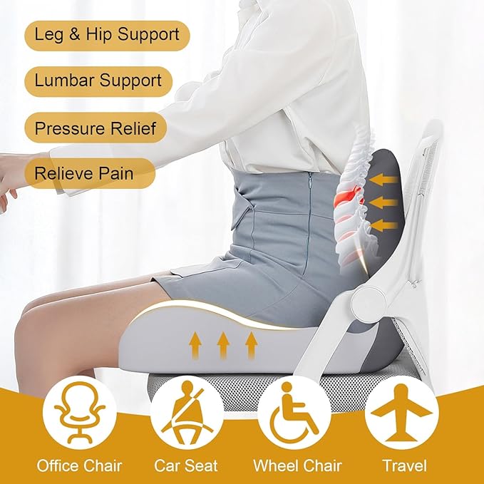 Car Seat Cushion for Long Driving, Ergonomic Memory Foam Seat Cushion, Car Seat Cushion for Back Pain and Lumbar Support Non Slip and Easy Clean for Driving Gaming Chair and Travel A Light Grey