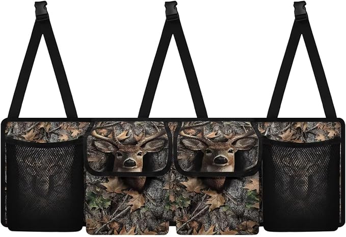 Deer Camouflage Car Storage Organizer New Version, Hanging Trunk Organizer with 4 Functional Storage Bags, Car Trunk Storage Bag for SUV Truck MPV VAN