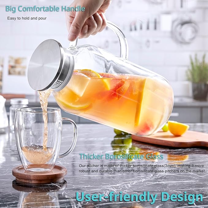 Bivvclaz 2.6 Liter 88 oz Glass Pitcher with Lid and Handle, Glass Water Carafe for Hot/Cold Water, Iced Tea Pitcher, Large Pitcher for Coffee, Juice and Homemade Beverage