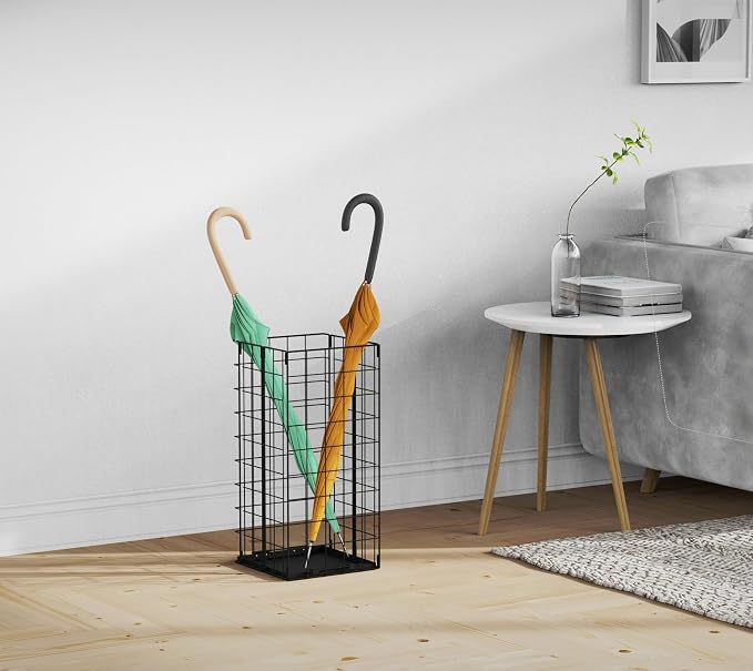 Umbrella Stand, Umbrella Holder for Entryway, Large Metal Foldable Umbrella Rack Organizer Freestanding, with Water Tray and Hooks, Rectangular Hollow Rack 9.5 x 9.5 x 19.7 Inches (Black)