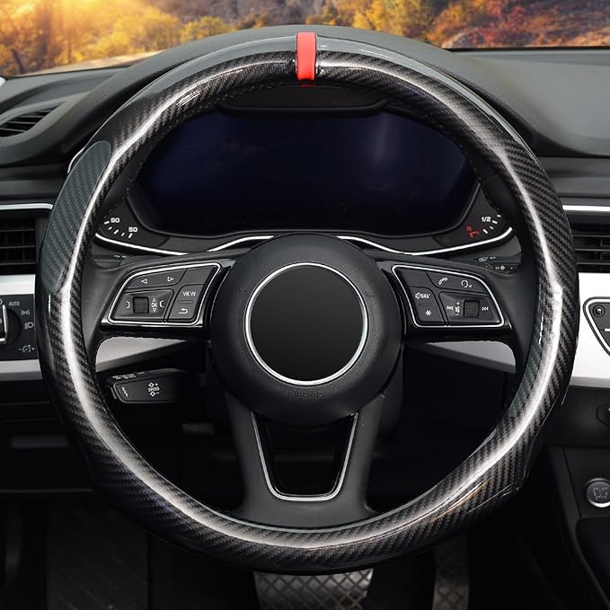 ZHOL Carbon Fiber Car Steering Wheel Cover Small-Size 14"-14 1/4" Compatible with Prius Civic Model 3 Camaro Spark Rogue Mini Smart Audi