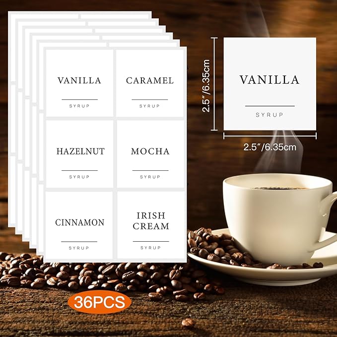 36PCS Coffee Syrup Labels,Minimalist Preprinted Coffee Syrup Stickers for Coffee Station,Waterproof White Coffee Bar Labels for Syrup Bottle & Dispenser Organization(2.5"x2.5")