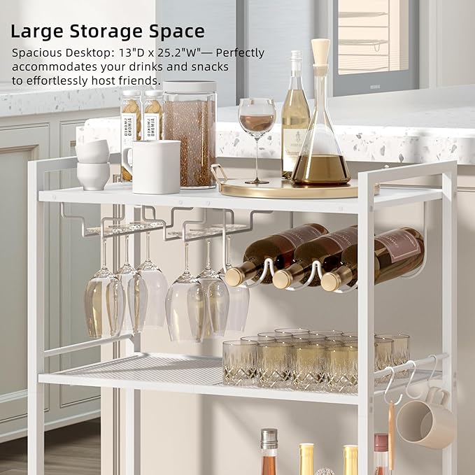 Bar Cart, Home Bar Serving Cart with 3-Tier Shelf,Microwave Cart with Lockable Wheels,Mobile Kitchen Shelf,Rolling Beverage Cart with Wine Rack and Glass Holder for Kitchen,Dinning Room,White