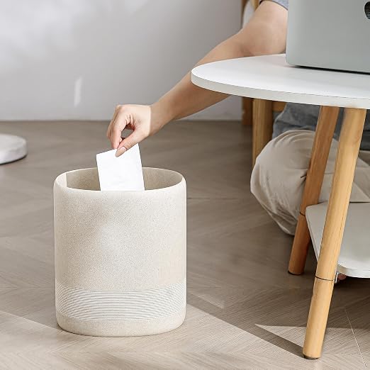 Trash Can, 1.6 Gallon Small Bathroom Trash Can, Simple Oval Stone Look Garbage Bin, Decorative Waste Basket for Kitchen Office, Home Decor, Bedroom, Living Room (Beige)