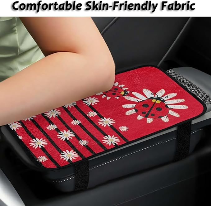 CLOHOMIN Ladybug Car Arm Rest Cover Pad Daisy Auto Armrest Pads Flannel Console Cover for Most Sedans Trucks SUVs Interior Accessories Car Armrest Cushion, Red